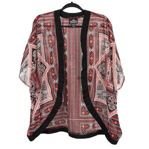 Angie Kimono Cardigan L Womens Boho Sheer Y2K Red Black White Short Sleeve Geo
